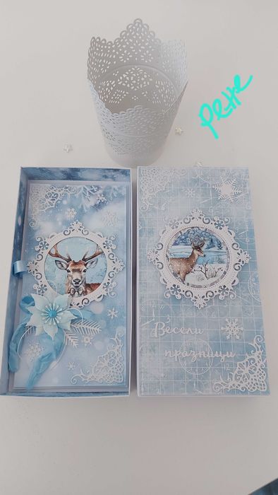 Елегантни коледни картички в кутия с обемни цветя, ръчно изработени