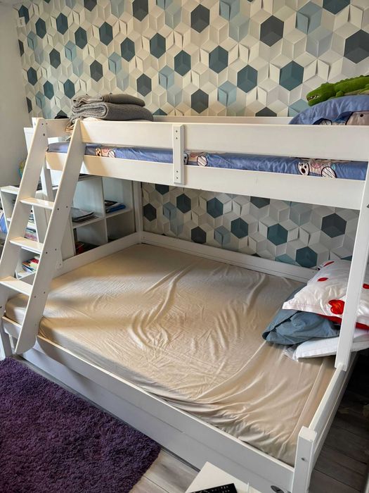 Pat etajat Lemn Masiv + cutie depozitare sub pat + saltea 90x200