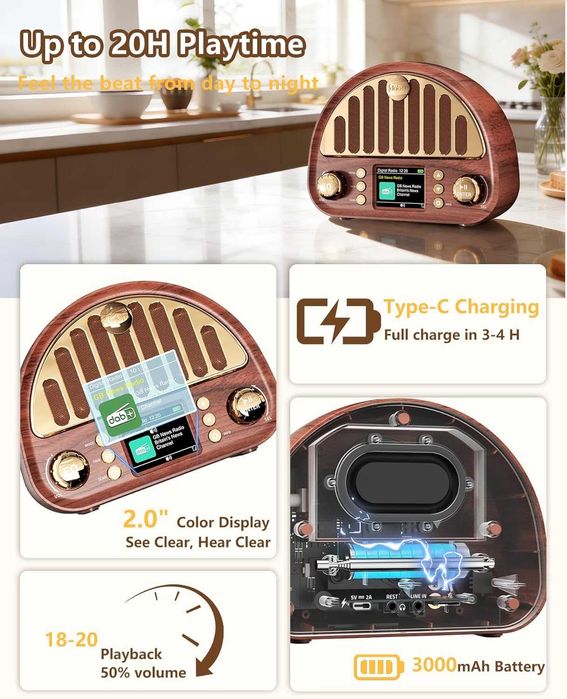 Винтидж DAB+/FM цифрово радио с Bluetooth, ретро преносимо, 3000mAh