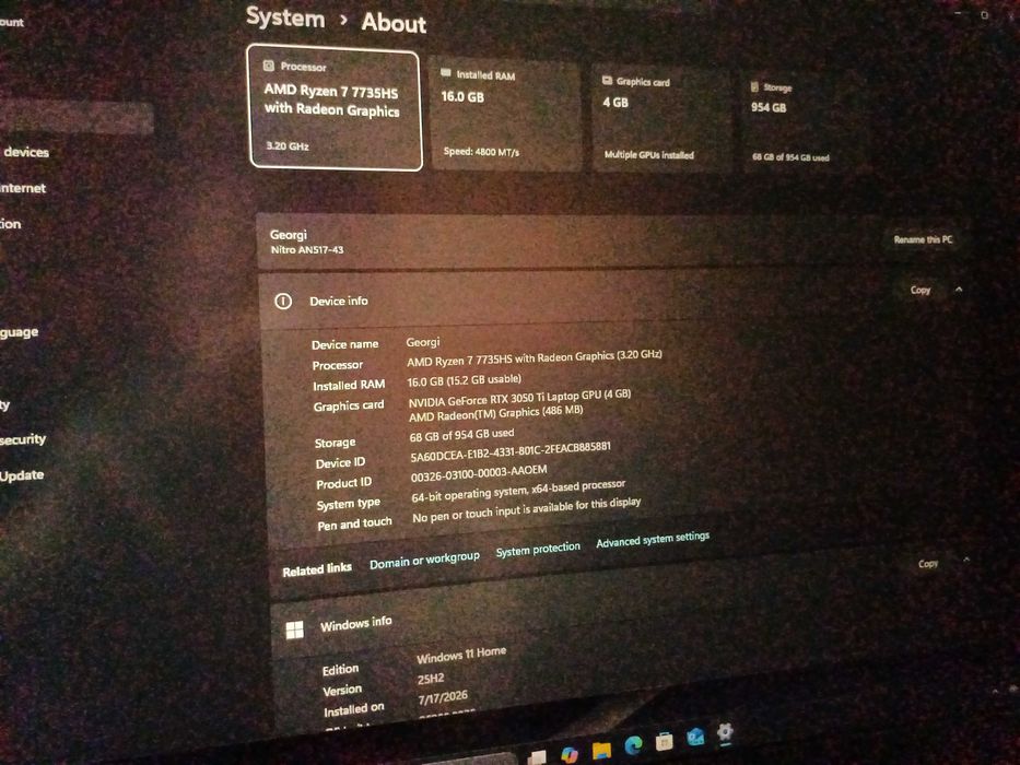 17.3' 144Hz Gaming Acer Nitro /16GB DDR5/RTX 3050ti/1TB Nvme SSD Samsung/КАТО НОВ