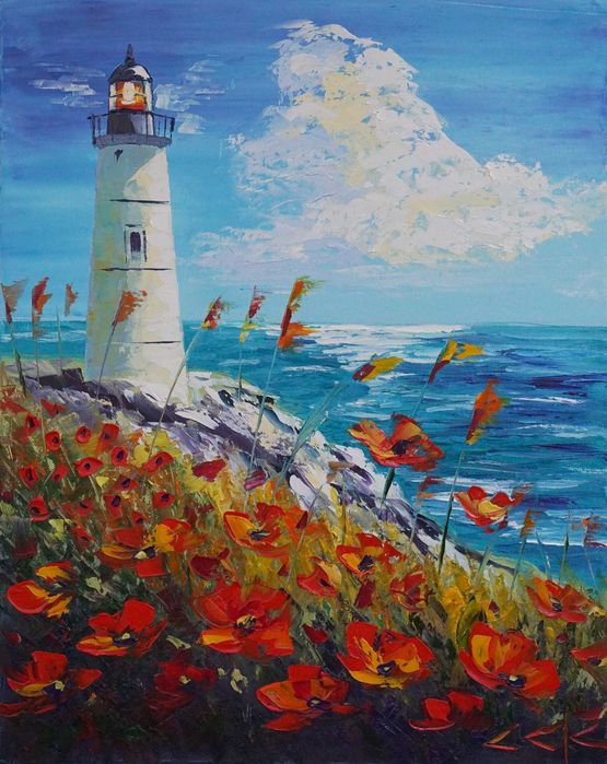 "Морски фар" Картина 50х40см, Маслена живопис с шпакла