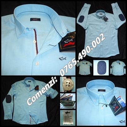 Camasa barbati maneca lunga coate bumbac denim turcoaz alba bleu P&S