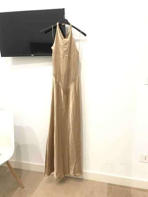 Zara rochie bej auriu lunga ocazie spate gol satin maxi eleganta nunta