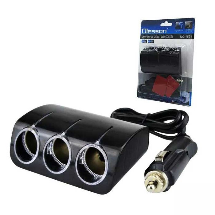 Разклонител с 3 гнезда,лед светлина,12V-24V за запалка на кола,камион