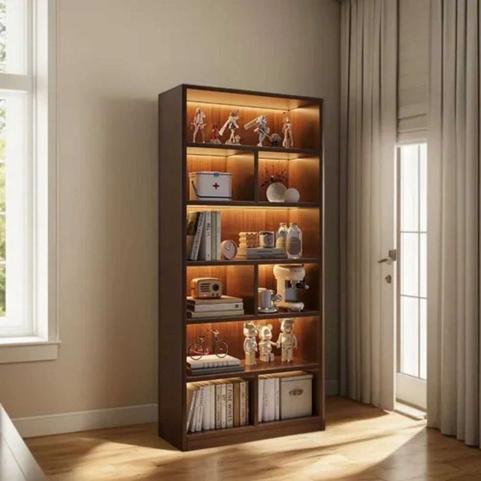 Bibliotecă cu 6 rafturi deschise, cadru lemn – alb/stejar negru