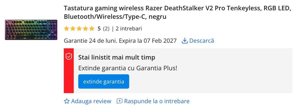 Vand tastatura Razer DeathStalker V2 Pro Tenkeyless TKL RGB BT/Wireless cu garantie emag