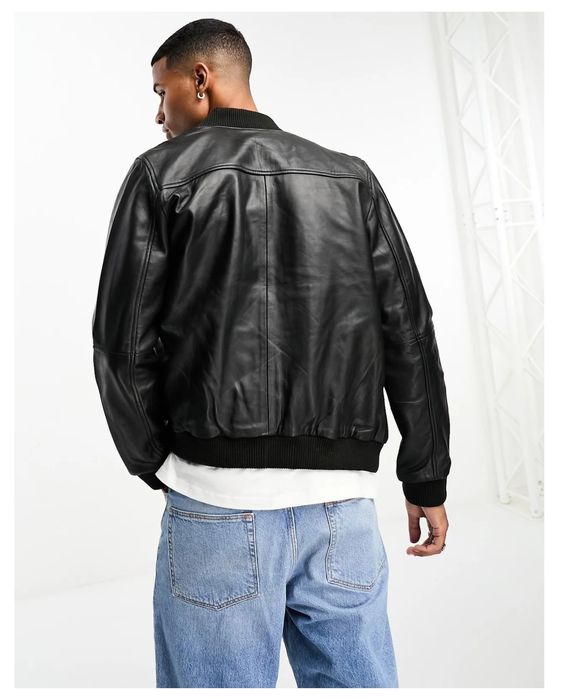 Мъжко кожено яке XL черно бомбър спортно елегантно късо цип джобове естествена кожа на  Bolongaro Trevor.