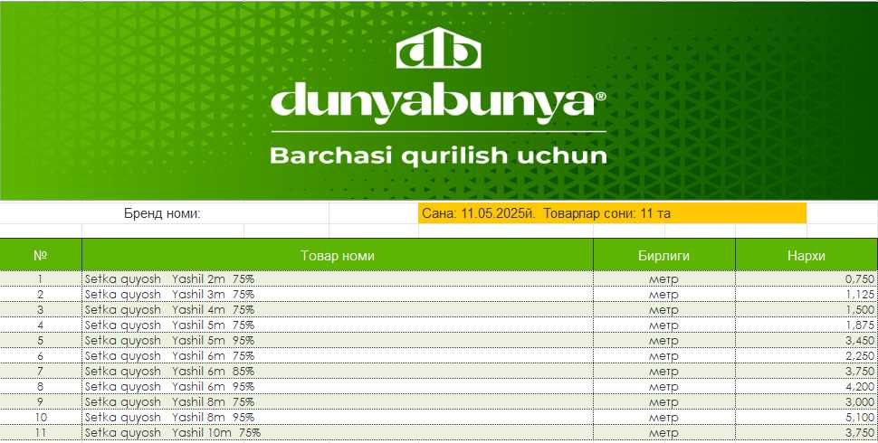 Солнечная сетка quyosh setka yashil  (rulon 100metr) kv.m dostavka