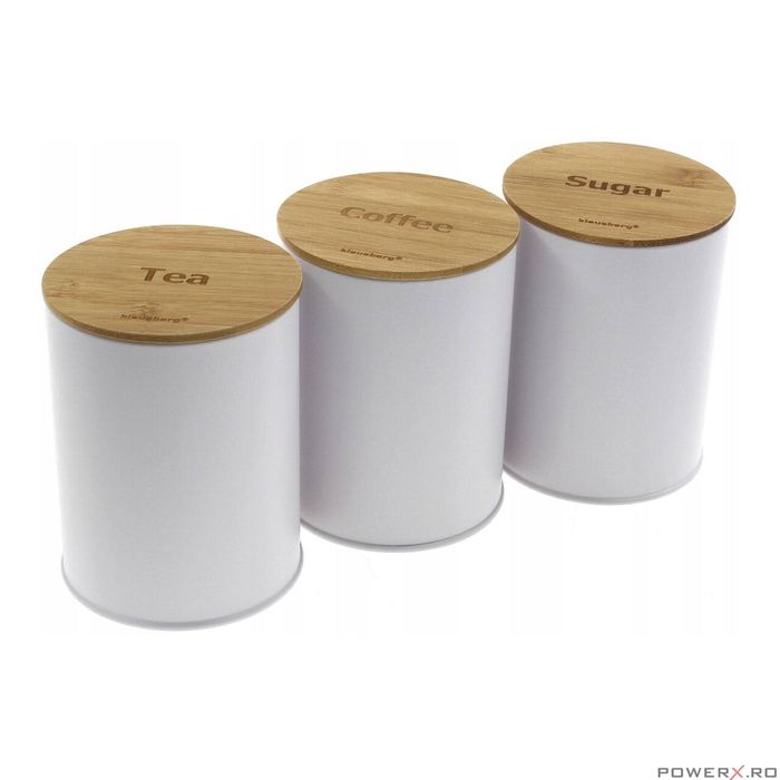 Set 3 recipiente, inox-bambus, alb, pentru cafea, ceai, zahar.