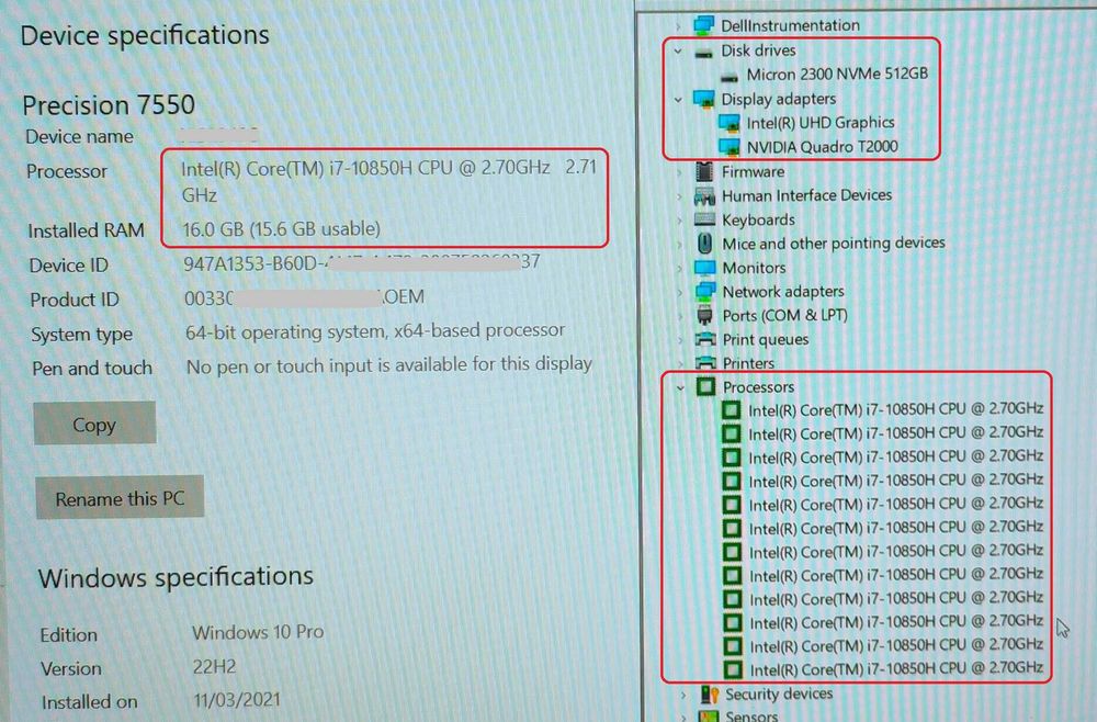 Precision 7550/Core i7/16GB RAM/512G SSD/Quadro T2000/15.6 100% DCIP-3