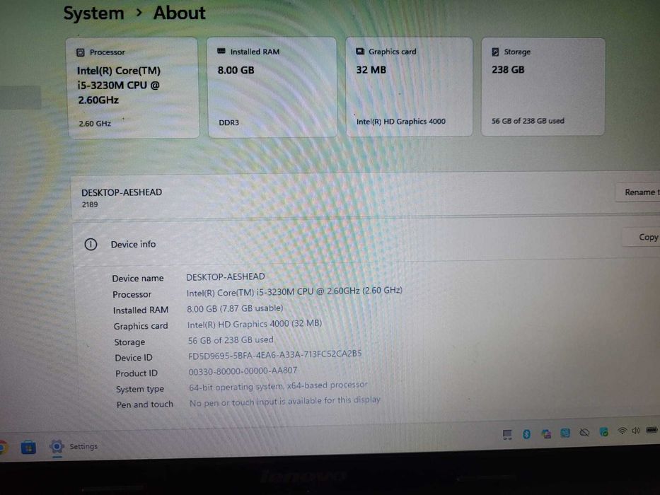 Laptop 15.6" Lenovo G580 model 2189 Intel Core i5-3230M 2.6GHz 8GB Dual DDR3 256GB SSD Intel HD Graphics