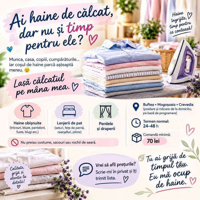 Servicii de călcat haine Buftea,Mogosoaia,Crevedia