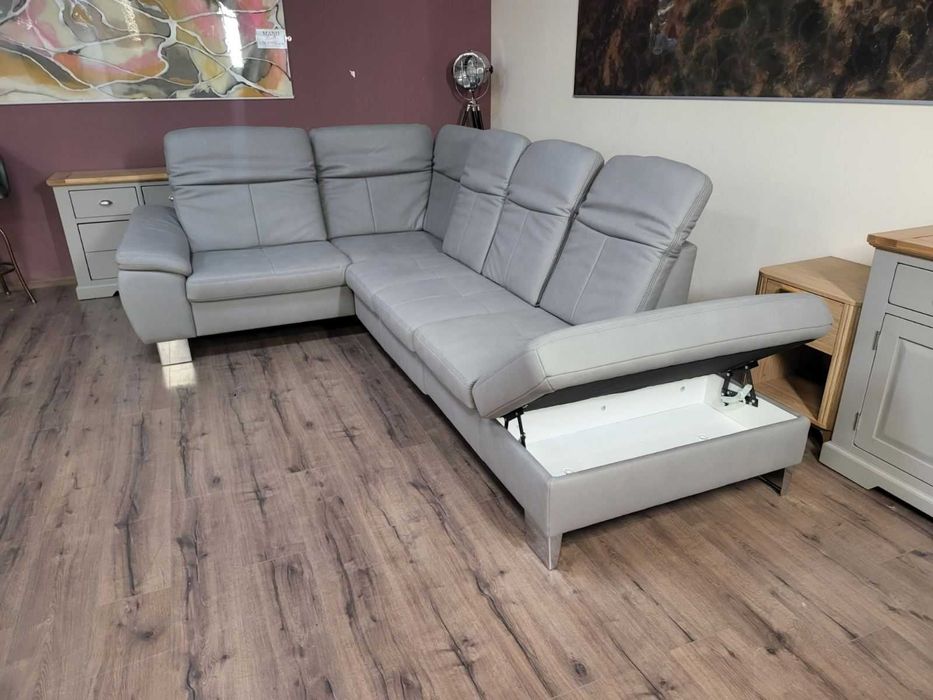 Сив ъглов диван от плат с функция сън и ракла Rhone