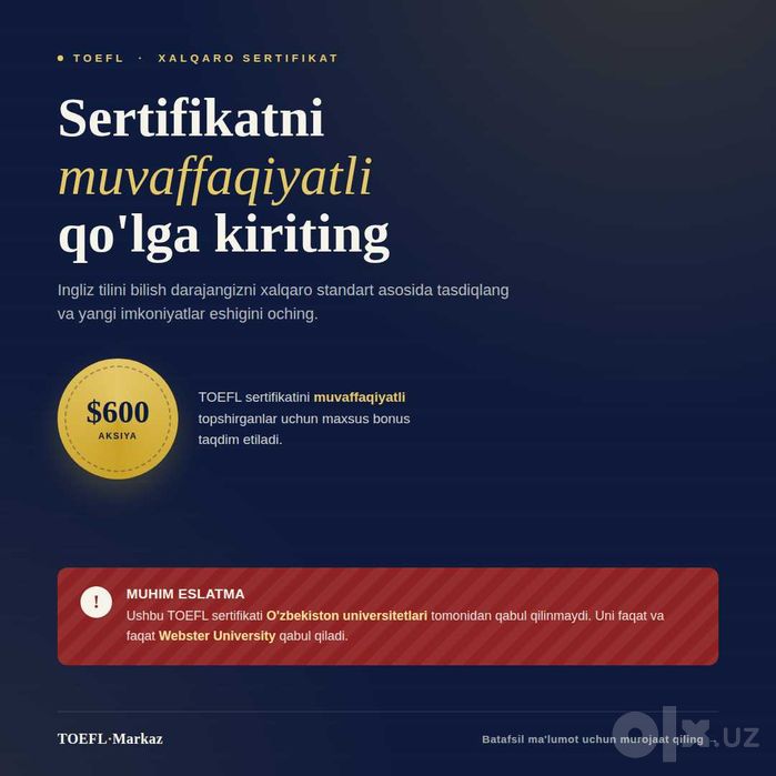 toefl sertifikatini qolga kiriting