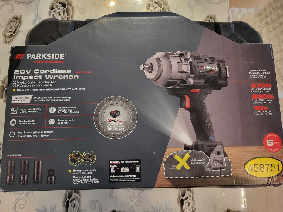 Нов Безчетков Акумулаторен Гайковерт 1860Nm Parkside  Performance