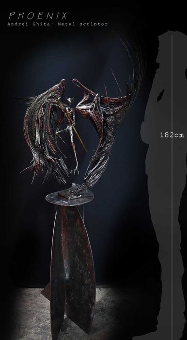 Sculptura Phoenix otel+soclu-om ce renaste-Andrei Ghita metal sculptor