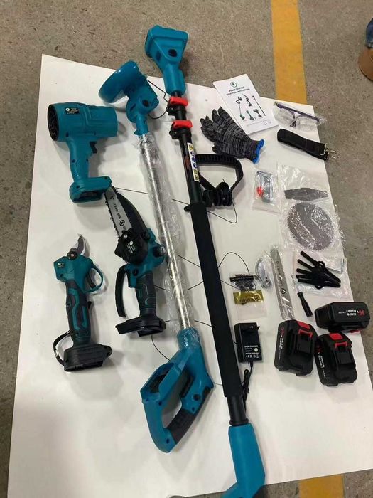 5в1 Акум. Духалка, ножица, резачка  с омасляване и тример+телеск. прът