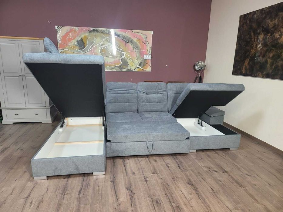 Светло сив П - образен ъглов диван Nixon с функция сън