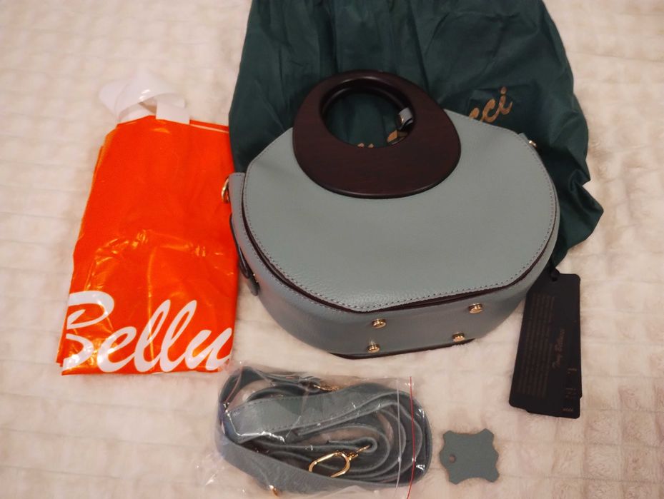 Кокетна нова дамска чанта Tony Bellucci, телешка кожа+абаносова дръжка