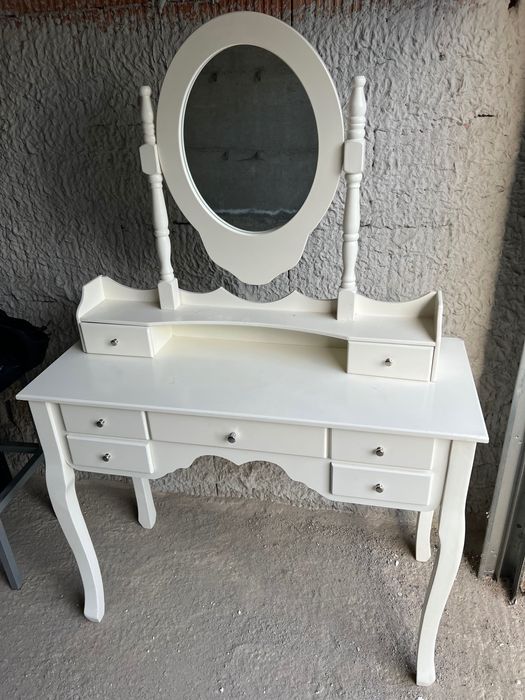 Masă de toaletă cu oglindă și taburet, 7 sertare, alb