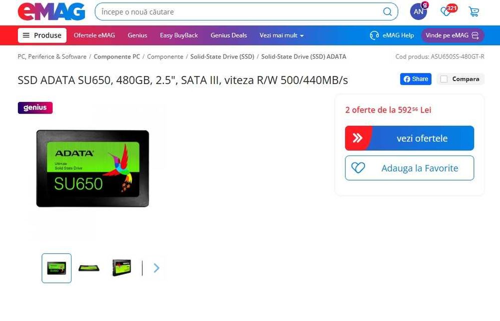 SSD ADATA SU650, 480GB, 2.5", SATA III, viteza R/W 500/440MB/s