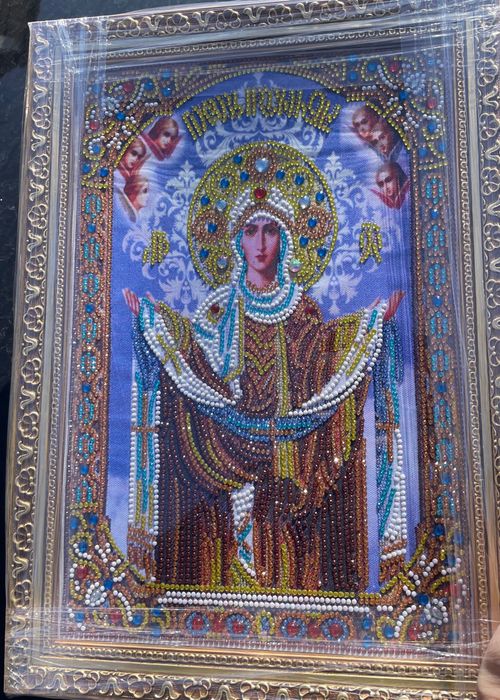 Icoana Acoperamantul Maicii Domnului tip goblen cu pietricele l.Manual