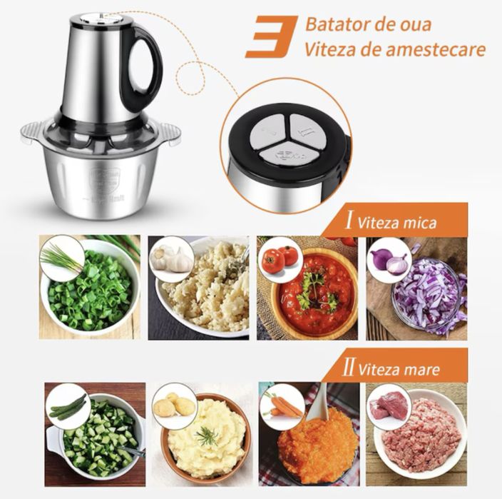 Tocător Electric Multifuncțional – 2L, 300W, 4 Lame Inox, Bol Inox
