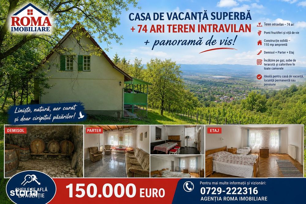 Casă de vânzare deosebită cu teren 74 ari, livadă și panoramă superbă