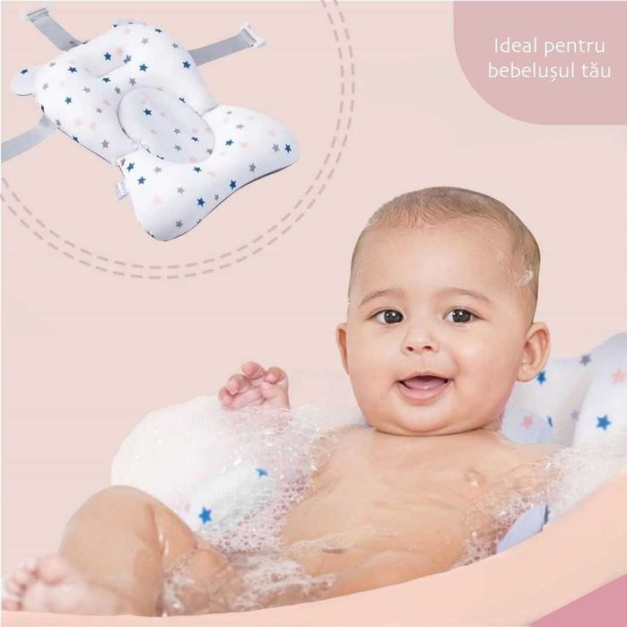 Cădiță pliabilă bebe / bebeluși, cu termometru digital, perniță suport și jucării ROZ- NOUĂ