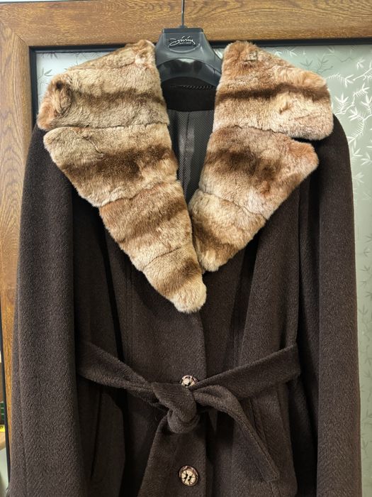 Palton italian angora & mătase – model premium, guler blană naturală