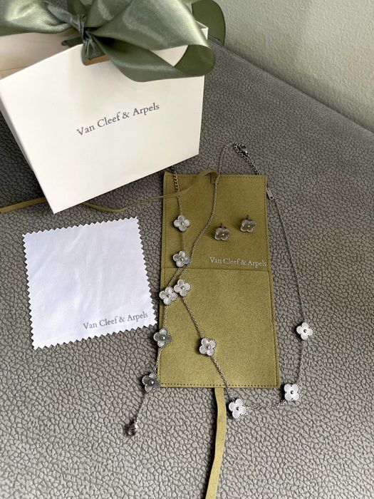 van cleef комплект сет бижута колие обеци гривна стомана детелина VC