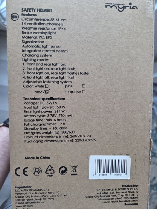 Casca de protectie myria cu LED-uri fata-spate reincarcabile