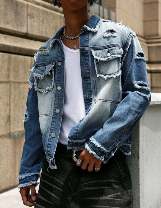 Ново мъжко карго дънково яке риза Street Style деним памук L