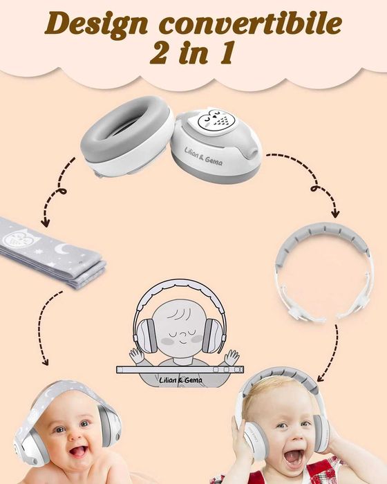 Aparatori de urechi 2 in 1 pentru copii, cu banda aderenta, reducere a zgomotului -25dB, reglabile, alb, 3 – 48 luni
