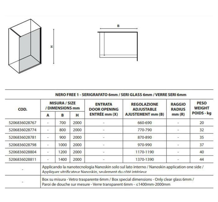 Paravan fix cabină de duș Karag NERO FREE (80x200)