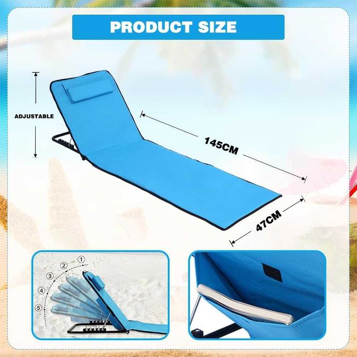Saltea de plaja reglabila cu spatar 145 cm x 50 cm desfasurat , gri