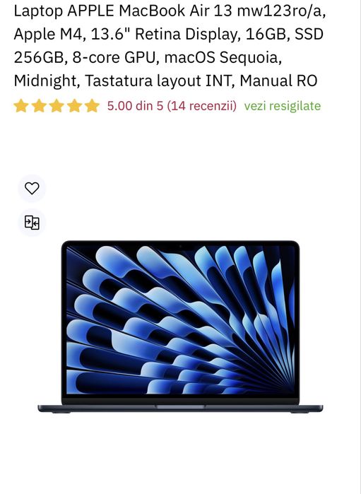 MacBook Air 13” Apple M4 | 16GB RAM | 256GB SSD | Nou, Sigilat