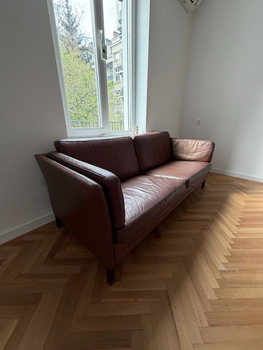 Реставриран винтидж датски 3-местен кожен диван