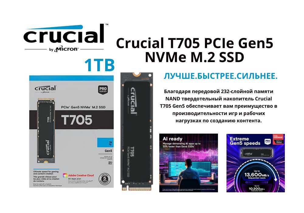 Супер скоростной SSD Gen5 накопитель Crucial T705 1Tb 13600мб/c
