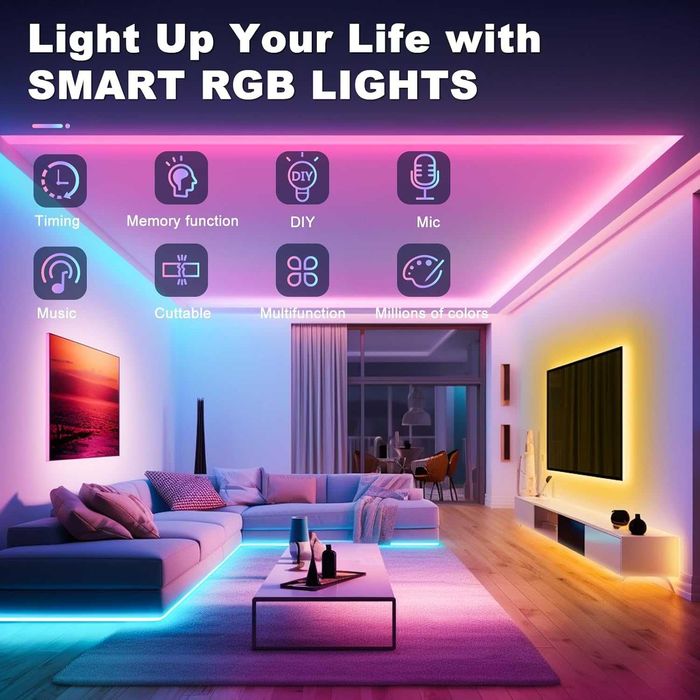 LED лента, 20M гъвкава RGB LED лента за декорация на стая, Bluetooth приложение за управление