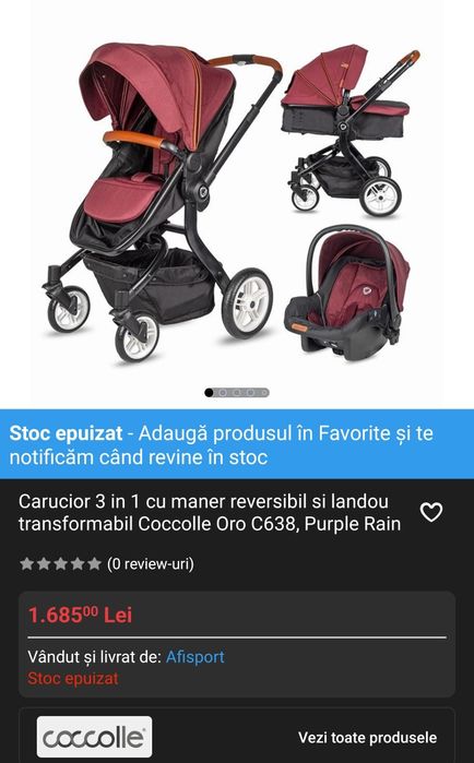 Carucior 3 in 1 cu maner reversibil si landou transformabil Coccolle
