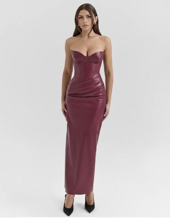 Кожена рокля в цвят бордо