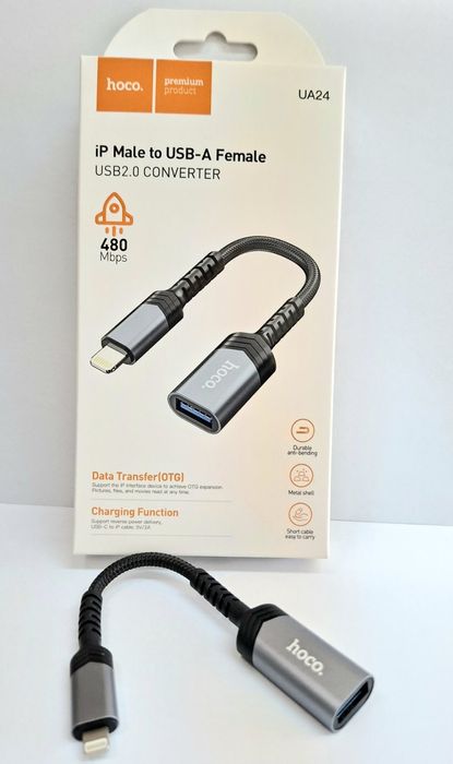 Преходник Hoco USB-A към lightning конектор за прехвърляне на данни