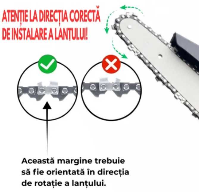 Mini Drujbă Electrică Portabilă cu doi acumulatori și două lanțuri.