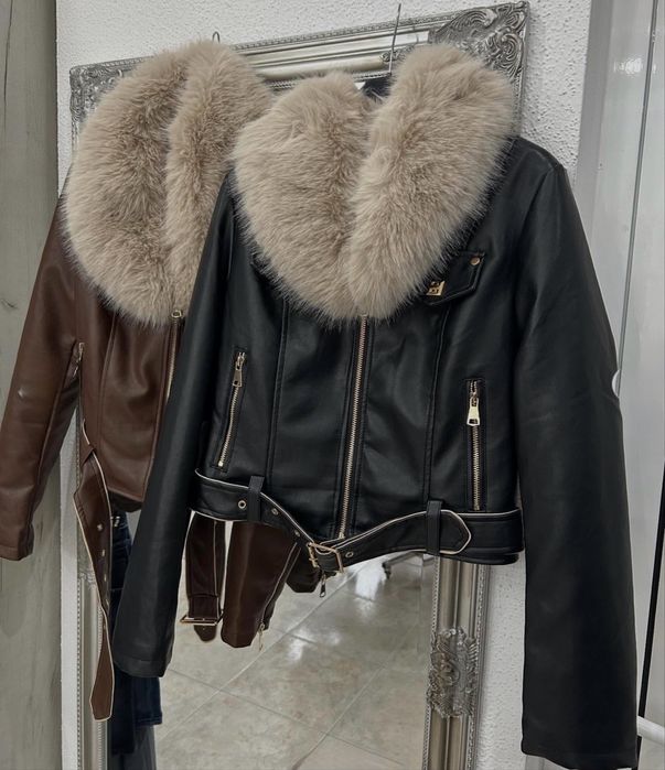 Дамско кожено яке с пух