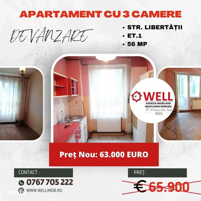 De vânzare apartament cu 3 camere pe str Libertății , Târgu Secuiesc.