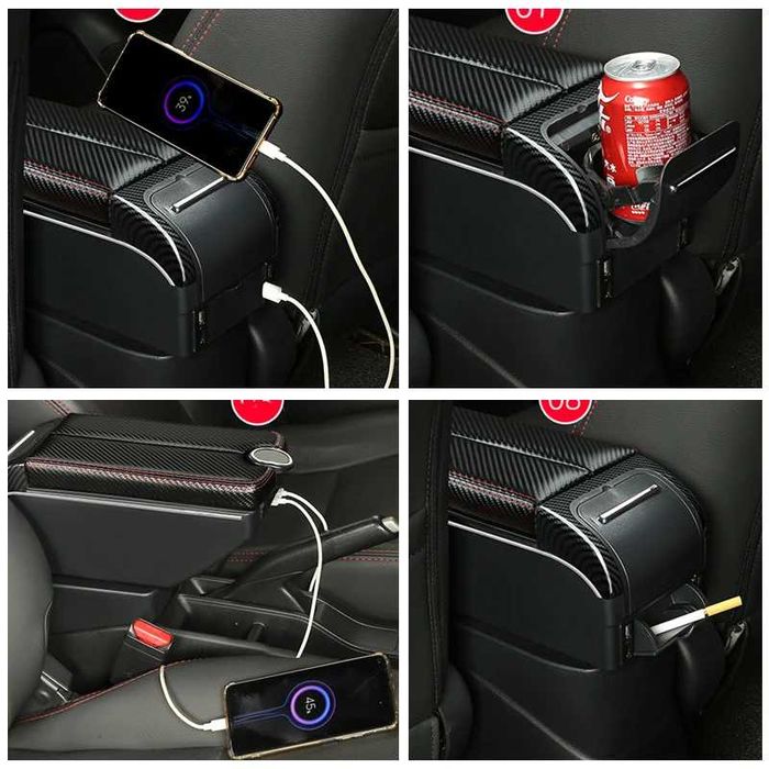 Черен подлакътник за автомобил - Барче, 7USB, пепелник и стойка за чаш