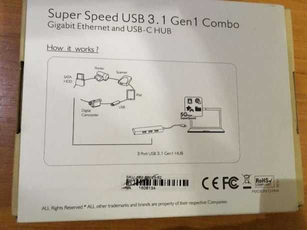 Adaptor USB-C la 3 Porturi USB 3.0 Hub cu placa de retea gigabit