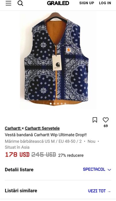 Vestă reversibilă CARHARTT WIP SS21 cu 2 fețe și bandană, Nr. XL