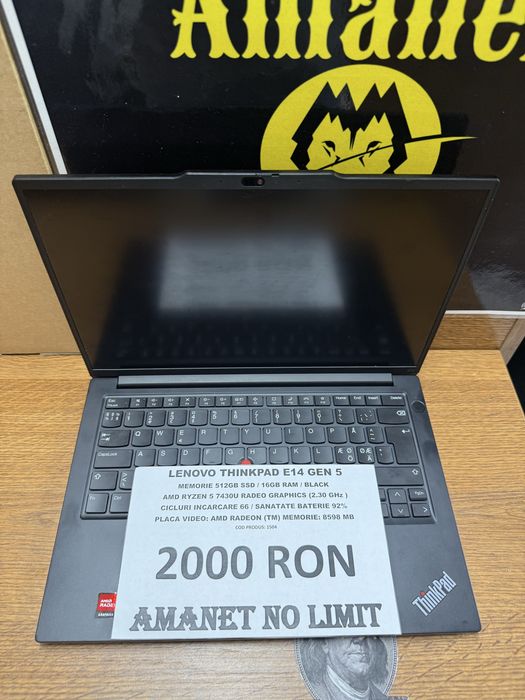 Laptop Lenovo ThinkPad E14 Gen5 512GB SSD / 16GB RAM , AMD Ryzen 5 7430U, AMANET NO LIMIT